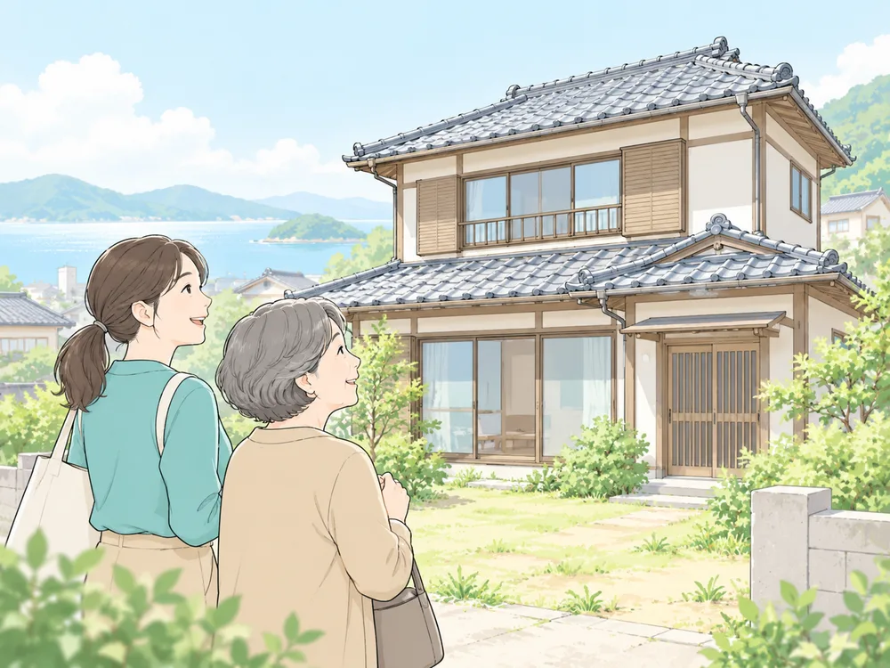 瀬戸内の海が見える瓦屋根の家を見上げる母娘のイラスト