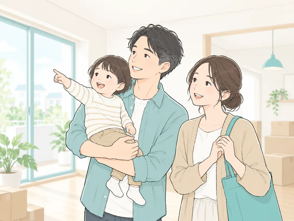 新しい部屋を見学する家族のイラスト