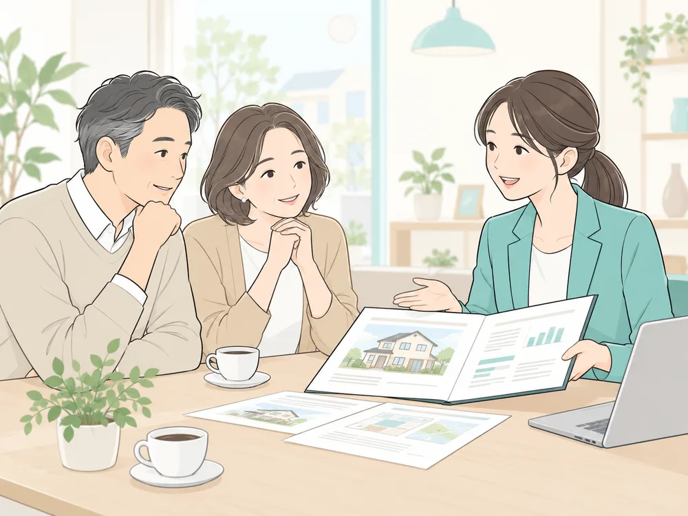 スタッフが夫婦に査定の資料を説明しているイラスト