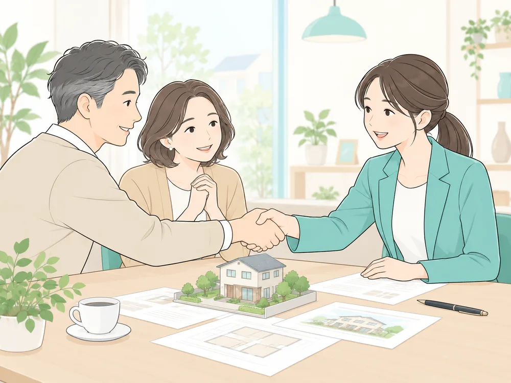 家の模型を前にスタッフと握手する夫婦のイラスト