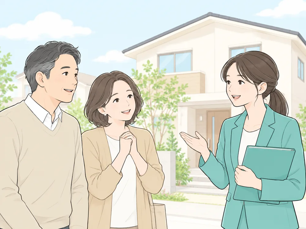 家の前でスタッフと笑顔で話す夫婦のイラスト